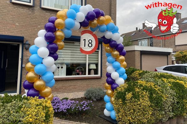 ballonnen boog 6 meter met paars goud wit en blauw