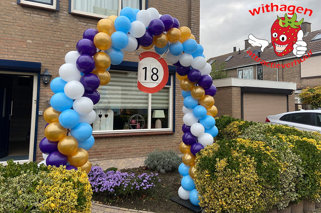 ballonnen boog 6 meter met paars goud wit en blauw